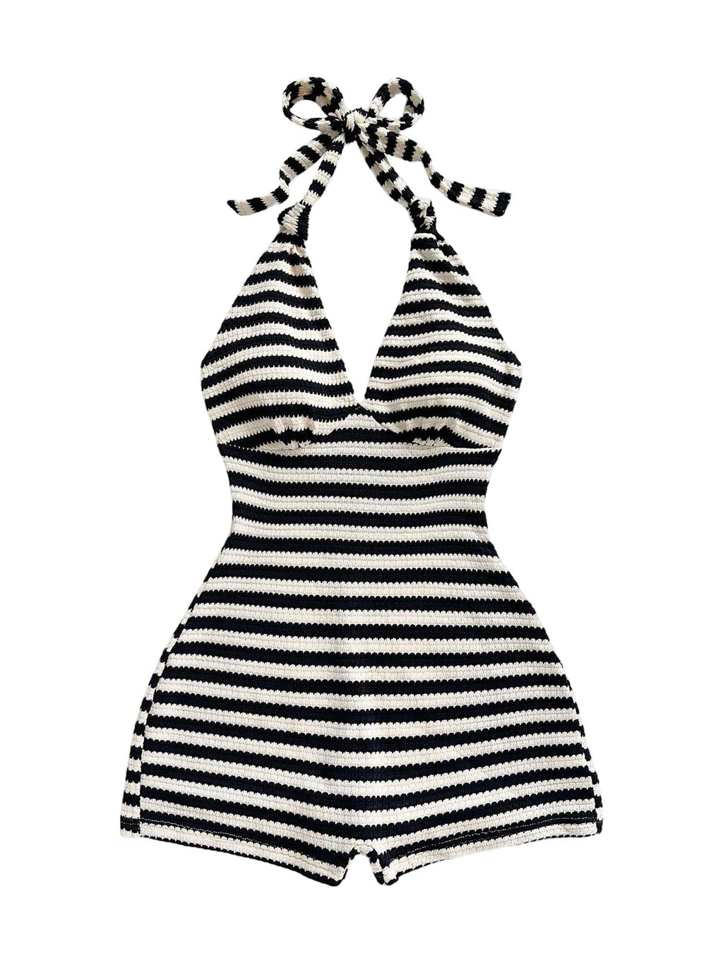 Milumia Women's Stripd Knit Halter Romper Tie Open Back Sleeveless Summer Vacation Rompers