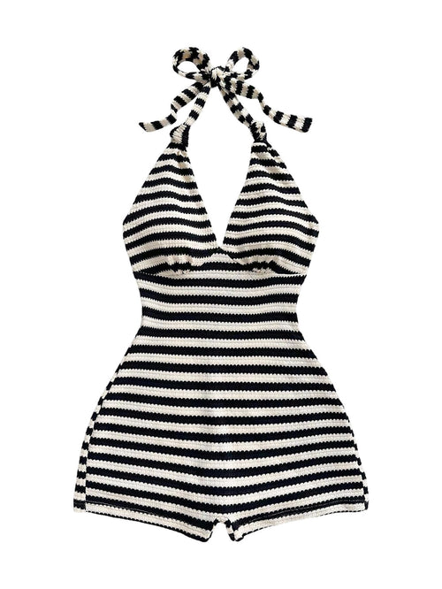 Milumia Women's Stripd Knit Halter Romper Tie Open Back Sleeveless Summer Vacation Rompers