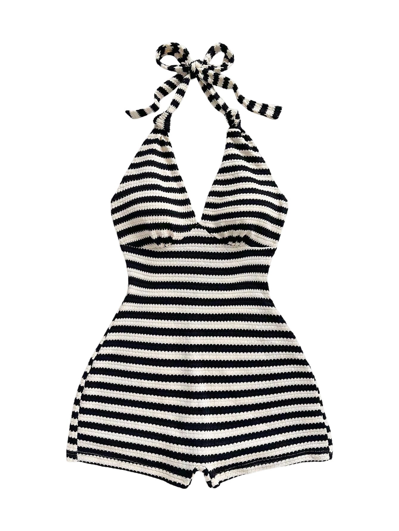 Milumia Women's Stripd Knit Halter Romper Tie Open Back Sleeveless Summer Vacation Rompers