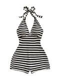 Milumia Women's Stripd Knit Halter Romper Tie Open Back Sleeveless Summer Vacation Rompers