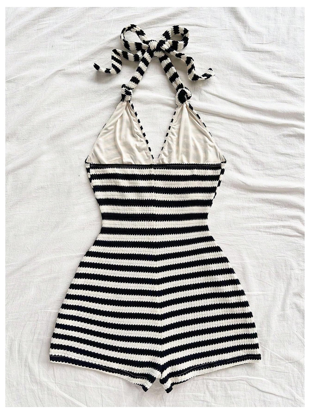 Milumia Women's Stripd Knit Halter Romper Tie Open Back Sleeveless Summer Vacation Rompers