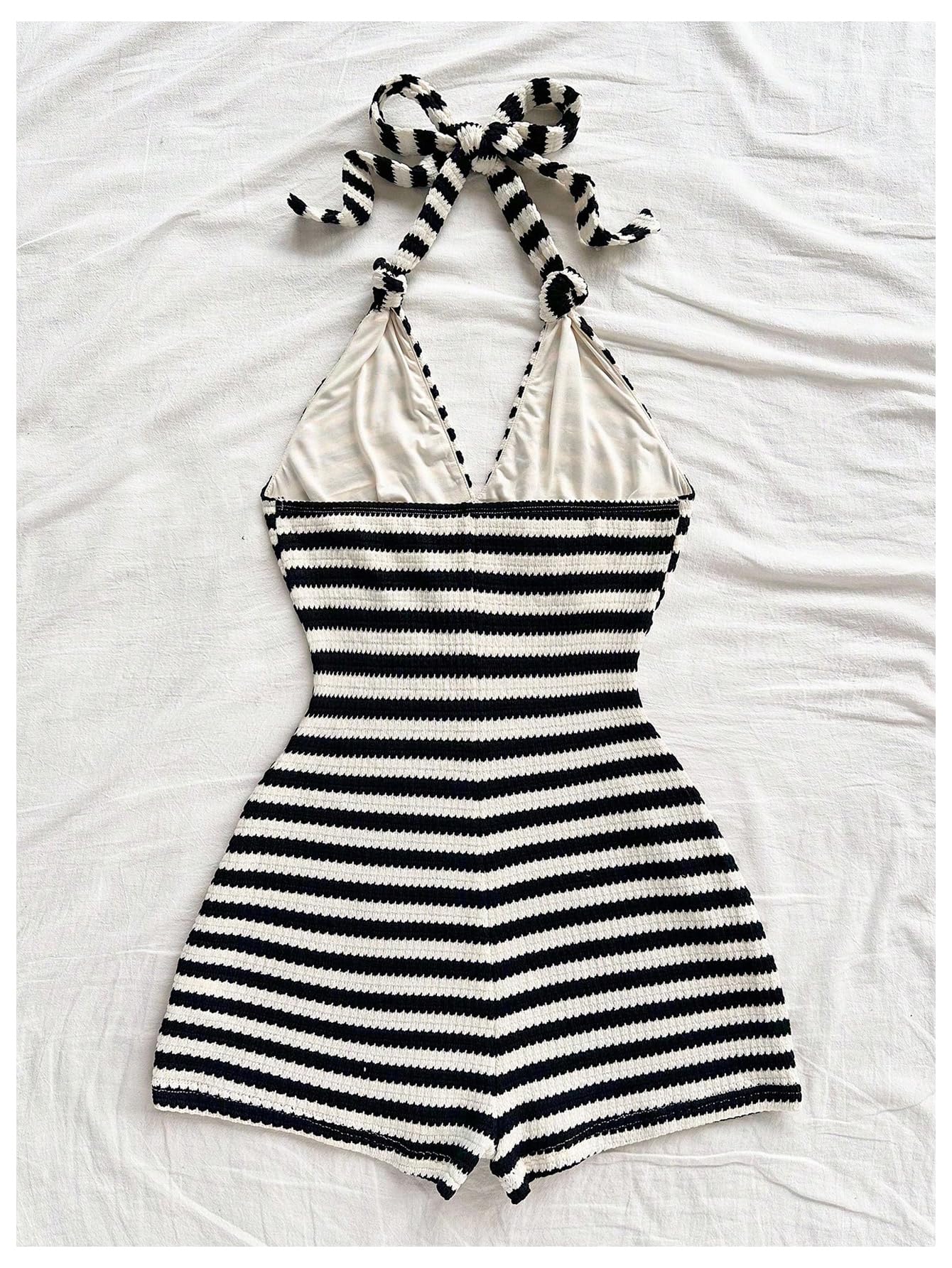 Milumia Women's Stripd Knit Halter Romper Tie Open Back Sleeveless Summer Vacation Rompers