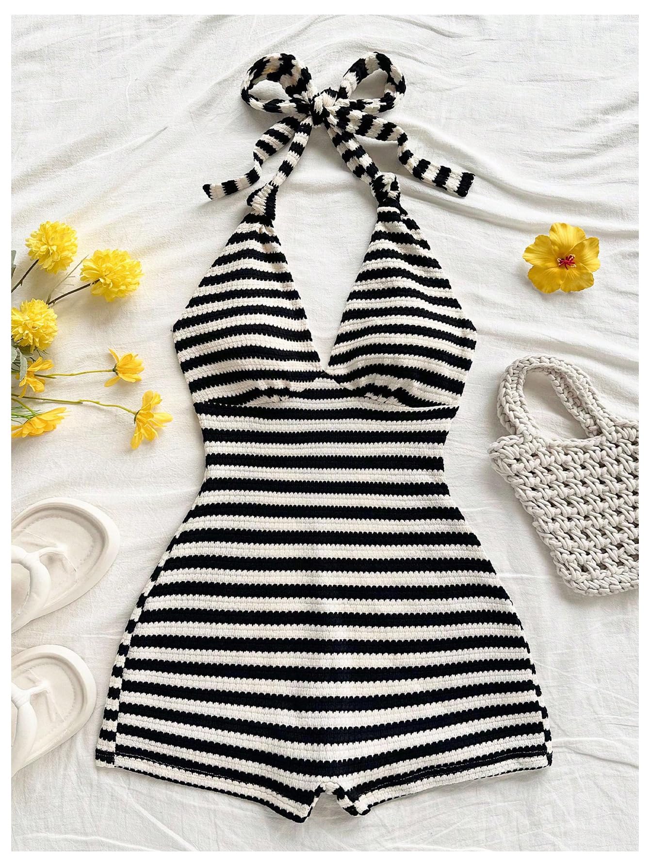 Milumia Women's Stripd Knit Halter Romper Tie Open Back Sleeveless Summer Vacation Rompers